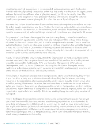 prioritization and risk management is recommended, as is considering a Web Application
Firewall with virtual patching capabilities. Either way this is why it is important for organizations
to know their metrics and know what application security problems they really have. The
alternative is blind adoption of “best-practices” that may only serve to disrupt the software
development process for no tangible gain. Too often this is exactly what happens.
We were also curious about business drivers and the impact of compliance on website security.
By a slim margin, organizations said their #1 driver for resolving vulnerabilities was compliance,
narrowly ahead of risk reduction. At the same time, when we asked the same organizations to
rank the reasons why their vulnerabilities go unresolved, compliance was cited as the #1 reason.
Proponents of compliance often suggest that mandatory regulatory controls be treated as a
nice concept in casual conversation, this is not the enterprise reality we see. Keep in mind that
WhiteHat Sentinel reports are often used to satisfy a plethora of auditors, but WhiteHat Security
is not a PCI-DSS ASV nor a QSA vendor. When organizations are required to allocate funds
toward compliance, which may or may not enhance security, there are often no resources left or
tolerance by the business to do anything more effective.
Finally, we also wanted to know what part(s) of the organization are held accountable in the
event of a website(s) data or system breach: we found that 79% said the Security Department
would be accountable. Additionally, 74% said Executive Management, 66% Software
Development, and 22% Board of Directors. By analyzing the data in this report, we see
evidence of a direct correlation between increased accountability and decreased breaches, and

For example, if developers are required by compliance to attend security training, they’ll view
it as a checkbox activity and not internalize much of anything they’ve learned in training.
However, if the organization places accountability on developers should a breach occur, all of
a sudden training effectiveness increases, because now there is an obvious incentive to learn.
When you empower those who are also accountable, whatever best-practices are then put into
place have a higher likelihood of being effective. For security to really improve, some part of the
organization must be held accountable. This is our working theory, the underlying narrative of
our report.
Here is the biggest lesson and the common theme we’re seeing: software security has not yet
percolated into the collective consciousness as something organizations actually need to do
something about proactively. While much lip service may be paid, we must address the issue
that application security professionals are essentially selling preventative medicine, while much
of the buying population still behaves with a wait-for-a-visit-to-the-emergency-room attitude
before kicking into gear. This is a dangerous policy and in stark contrast to their pious rhetoric,
which attempts to obfuscate that reality.

6 WEBSITE SECURITY STATISTICS REPORT | MAY 2013

 