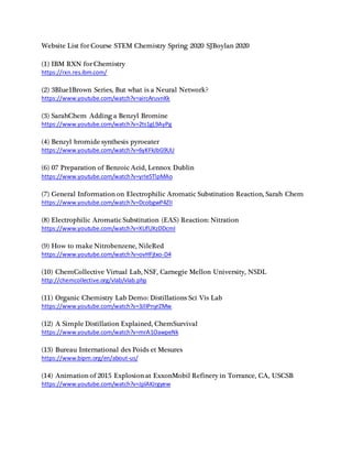 Website List for Course STEM Chemistry Spring 2020 SJBoylan 2020
(1) IBM RXN for Chemistry
https://rxn.res.ibm.com/
(2) 3Blue1Brown Series, But what is a Neural Network?
https://www.youtube.com/watch?v=aircAruvnKk
(3) SarahChem Adding a Benzyl Bromine
https://www.youtube.com/watch?v=2ts1gL9AyPg
(4) Benzyl bromide synthesis pyroeater
https://www.youtube.com/watch?v=6yKFkJbG9UU
(6) 07 Preparation of Benzoic Acid, Lennox Dublin
https://www.youtube.com/watch?v=yrIe5TlpMAo
(7) General Information on Electrophilic Aromatic Substitution Reaction, Sarah Chem
https://www.youtube.com/watch?v=DcobgwP4ZlI
(8) Electrophilic Aromatic Substitution (EAS) Reaction: Nitration
https://www.youtube.com/watch?v=XUfUXzDDcmI
(9) How to make Nitrobenzene, NileRed
https://www.youtube.com/watch?v=ovHFjtxo-D4
(10) ChemCollective Virtual Lab, NSF, Carnegie Mellon University, NSDL
http://chemcollective.org/vlab/vlab.php
(11) Organic Chemistry Lab Demo: Distillations Sci Vis Lab
https://www.youtube.com/watch?v=3JlIPnyrZMw
(12) A Simple Distillation Explained, ChemSurvival
https://www.youtube.com/watch?v=mrA1OawpeNk
(13) Bureau International des Poids et Mesures
https://www.bipm.org/en/about-us/
(14) Animation of 2015 Explosion at ExxonMobil Refinery in Torrance, CA, USCSB
https://www.youtube.com/watch?v=JplAKJrgyew
 