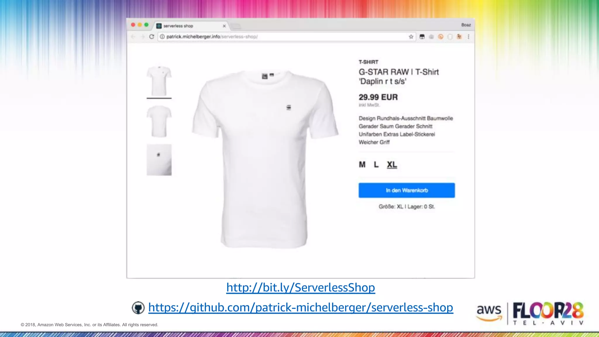 © 2018, Amazon Web Services, Inc. or its Affiliates. All rights reserved.© 2018, Amazon Web Services, Inc. or its Affiliates. All rights reserved.
http://bit.ly/ServerlessShop
https://github.com/patrick-michelberger/serverless-shop
 