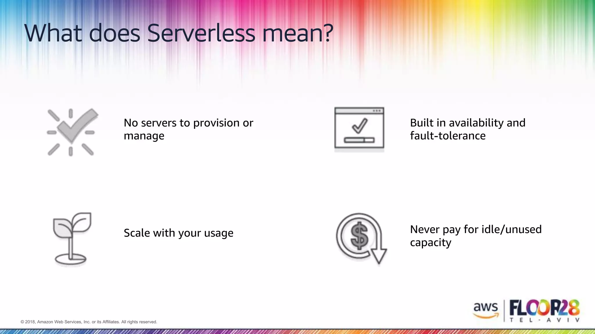 © 2018, Amazon Web Services, Inc. or its Affiliates. All rights reserved.© 2018, Amazon Web Services, Inc. or its Affiliates. All rights reserved.
What does Serverless mean?
No servers to provision or
manage
Scale with your usage
Built in availability and
fault-tolerance
Never pay for idle/unused
capacity
 