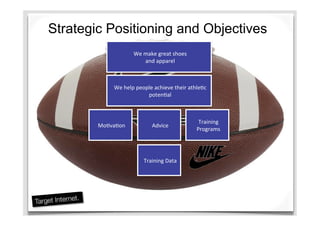 We	
  help	
  people	
  achieve	
  their	
  athle;c	
  
poten;al	
  
Mo;va;on	
  
Training	
  
Programs	
  
Training	
  Data	
  
Advice	
  	
  
We	
  make	
  great	
  shoes	
  	
  
and	
  apparel	
  
Strategic Positioning and Objectives
 
