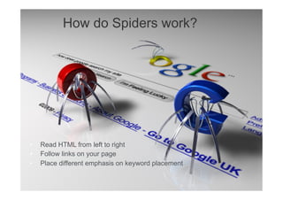 •  Read HTML from left to right
•  Follow links on your page
•  Place different emphasis on keyword placement
How do Spiders work?
 