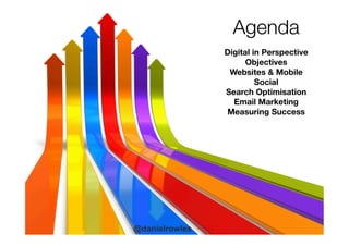 Agenda

Digital in Perspective
Objectives
Websites & Mobile
Social
Search Optimisation
Email Marketing
Measuring Success


 
 
 









	
  @danielrowles
 