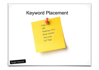 •  Page Titles
•  URL
•  Headings <H1>
•  Body Content
•  Text Links
•  ALT Tags
31
Keyword Placement
31
 