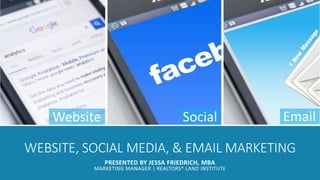 WEBSITE, SOCIAL MEDIA, & EMAIL MARKETING
PRESENTED BY JESSA FRIEDRICH, MBA
MARKETING MANAGER | REALTORS® LAND INSTITUTE
Website Social Email
 