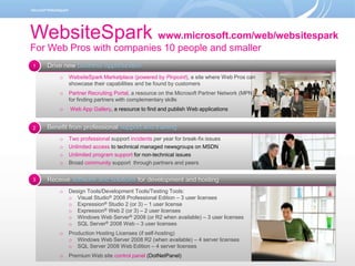 WebsiteSparkwww.microsoft.com/web/websitespark For Web Pros with companies 10 people and smaller 1 Drive new businessopportunities ,[object Object]