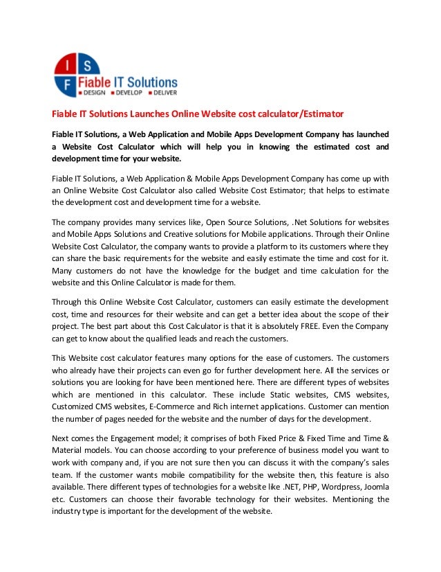 fiable it solutions launches online website cost calculator estimator