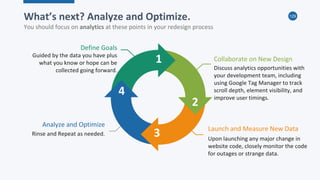 129
1
2
3 Upon launching any major change in
website code, closely monitor the code
for outages or strange data.
Launch and Measure New Data
Discuss analytics opportunities with
your development team, including
using Google Tag Manager to track
scroll depth, element visibility, and
improve user timings.
Collaborate on New Design
Guided by the data you have plus
what you know or hope can be
collected going forward.
Define Goals
Rinse and Repeat as needed.
Analyze and Optimize
4
What’s next? Analyze and Optimize.
You should focus on analytics at these points in your redesign process
 