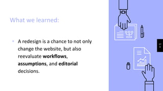 What we learned:
▹ A redesign is a chance to not only
change the website, but also
reevaluate workflows,
assumptions, and editorial
decisions.
17
0
 