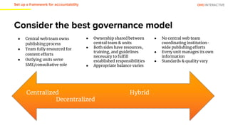 OHO INTERACTIVE
Consider the best governance model
Centralized Hybrid
Decentralized
● Central web team owns
publishing process
● Team fully resourced for
content efforts
● Outlying units serve
SME/consultative role
● Ownership shared between
central team & units
● Both sides have resources,
training, and guidelines
necessary to fulfill
established responsibilities
● Appropriate balance varies
● No central web team
coordinating institution-
wide publishing efforts
● Every unit manages its own
information
● Standards & quality vary
Set up a framework for accountability
 