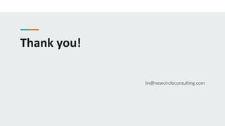 Thank you!
lin@newcircleconsulting.com
 