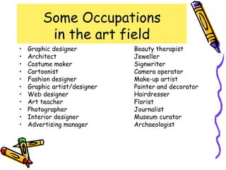 Some Occupations
          in the art field
•   Graphic designer          Beauty therapist
•   Architect                 Jeweller
•   Costume maker             Signwriter
•   Cartoonist                Camera operator
•   Fashion designer          Make-up artist
•   Graphic artist/designer   Painter and decorator
•   Web designer              Hairdresser
•   Art teacher               Florist
•   Photographer              Journalist
•   Interior designer         Museum curator
•   Advertising manager       Archaeologist
 