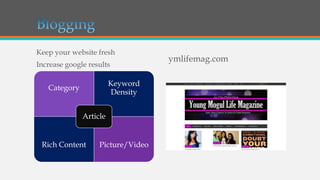 Keep your website fresh

Increase google results

Keyword
Density

Category

Article
Rich Content

Picture/Video

ymlifemag.com

 