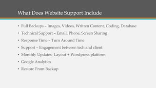 What Does Website Support Include
• Full Backups – Images, Videos, Written Content, Coding, Database

• Technical Support – Email, Phone, Screen Sharing
• Response Time – Turn Around Time
• Support – Engagement between tech and client
• Monthly Updates- Layout + Wordpress platform
• Google Analytics
• Restore From Backup

 