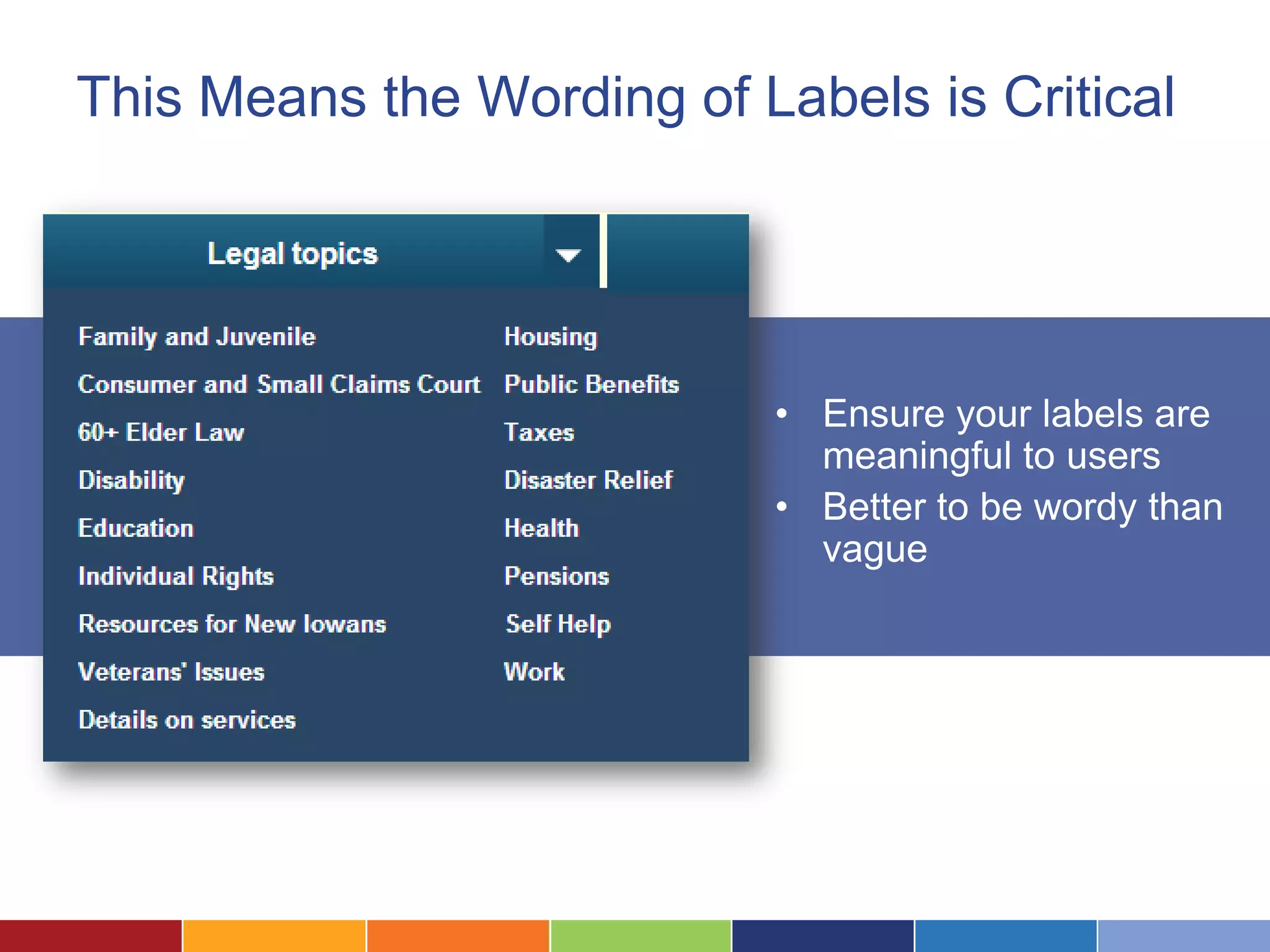 This Means the Wording of Labels is Critical
• Ensure your labels are
meaningful to users
• Better to be wordy than
vague
 