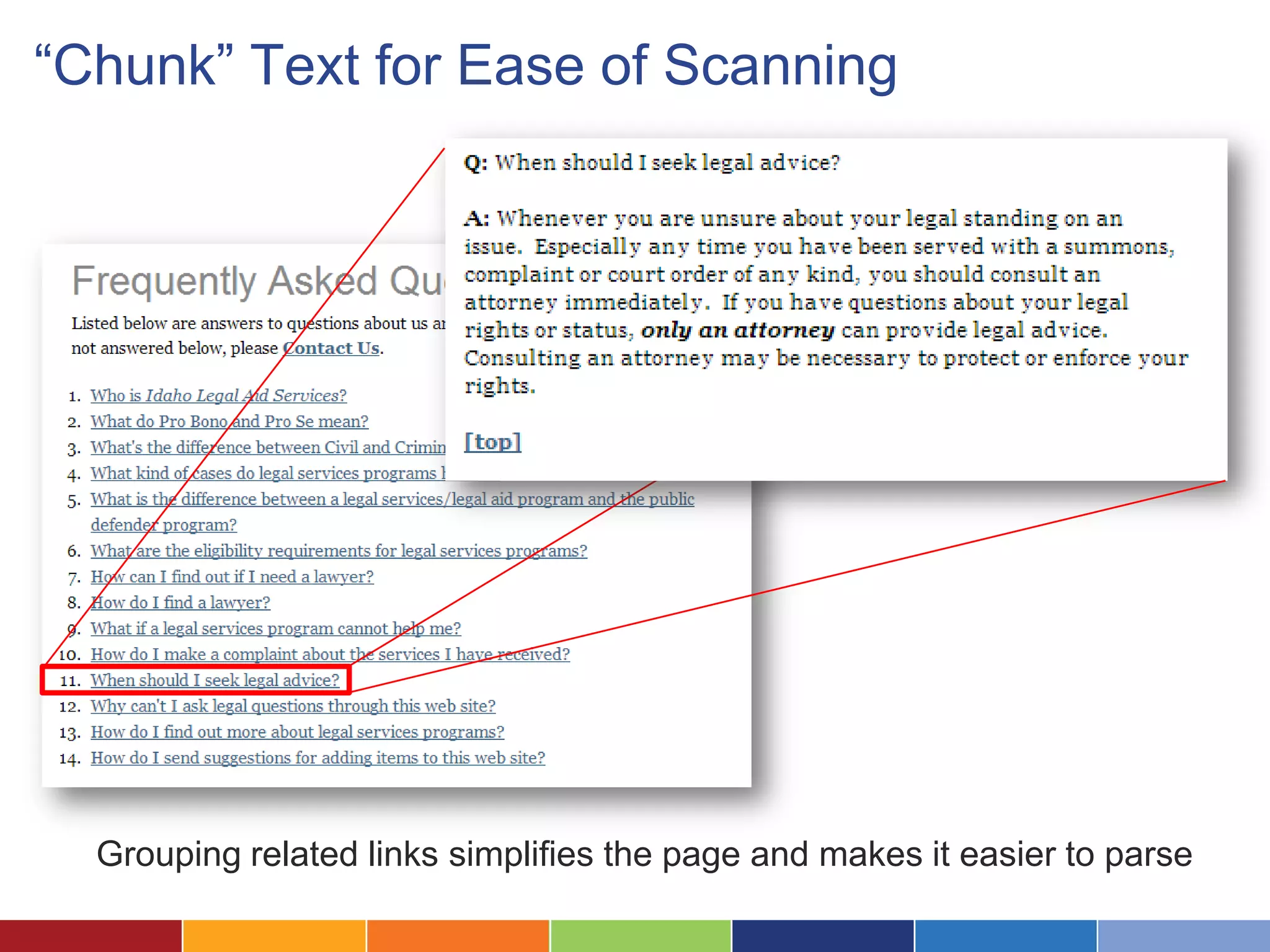 “Chunk” Text for Ease of Scanning
Grouping related links simplifies the page and makes it easier to parse
 