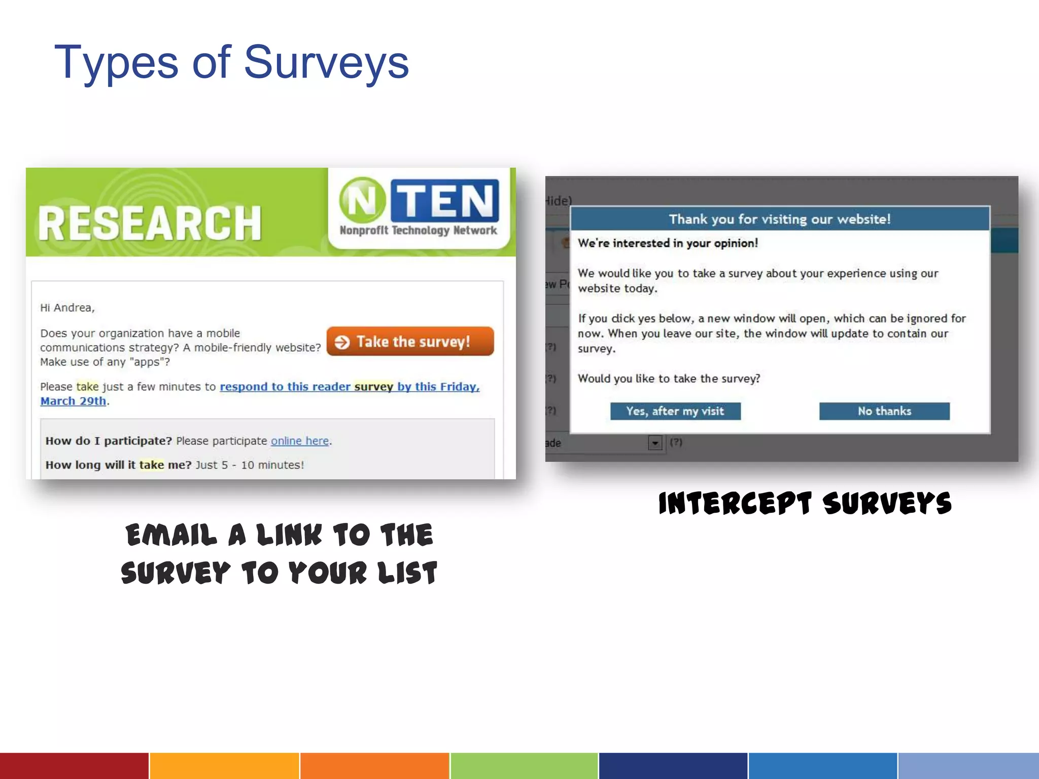Types of Surveys
Email a link to the
survey to your list
Intercept Surveys
 