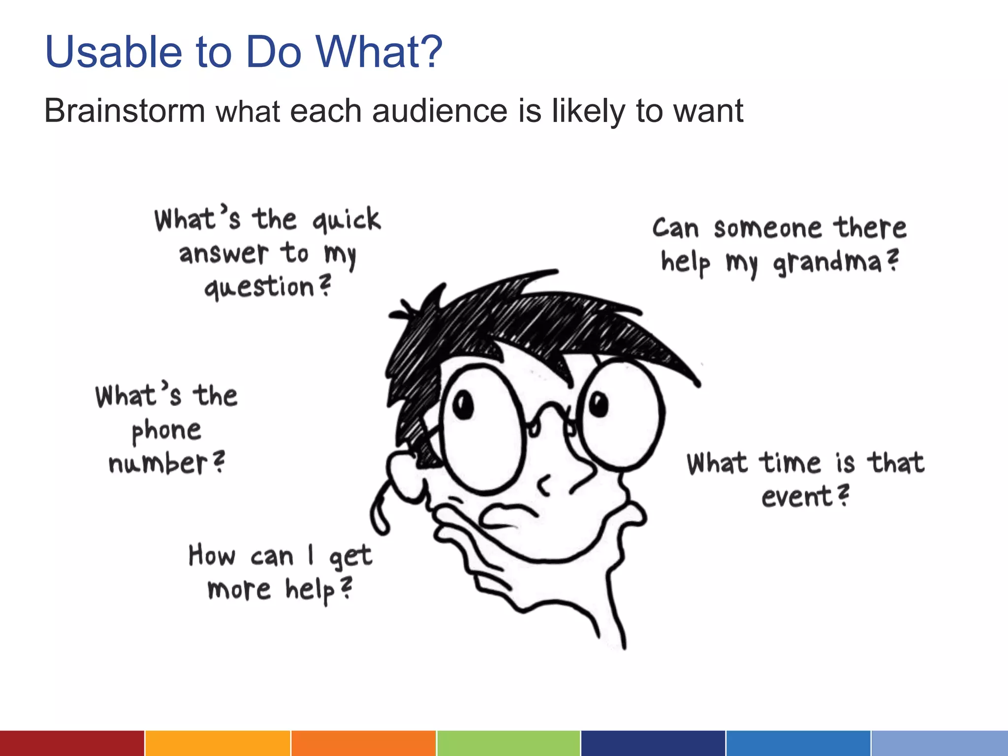Usable to Do What?
Brainstorm what each audience is likely to want
 