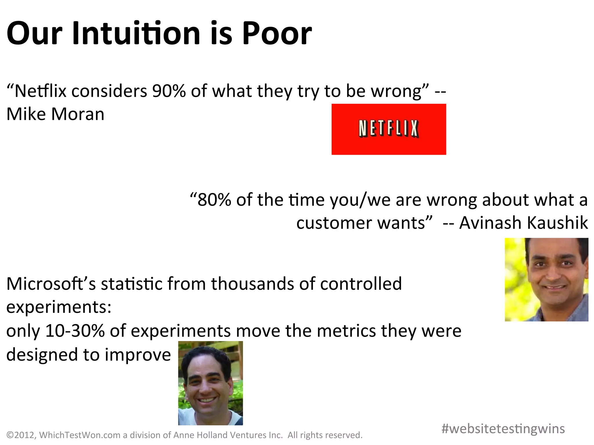 Our	
  Intui)on	
  is	
  Poor	
  
“Neplix	
  considers	
  90%	
  of	
  what	
  they	
  try	
  to	
  be	
  wrong”	
  -­‐-­‐	
  
Mike	
  Moran	
  



                                                                   “80%	
  of	
  the	
  0me	
  you/we	
  are	
  wrong	
  about	
  what	
  a	
  
                                                                                         customer	
  wants”	
  	
  -­‐-­‐	
  Avinash	
  Kaushik	
  


Microsoa’s	
  sta0s0c	
  from	
  thousands	
  of	
  controlled	
  
experiments:	
  
only	
  10-­‐30%	
  of	
  experiments	
  move	
  the	
  metrics	
  they	
  were	
  
designed	
  to	
  improve	
  


©2012,	
  WhichTestWon.com	
  a	
  division	
  of	
  Anne	
  Holland	
  Ventures	
  Inc.	
  	
  All	
  rights	
  reserved.	
  	
  	
     #websitetes0ngwins	
  
 