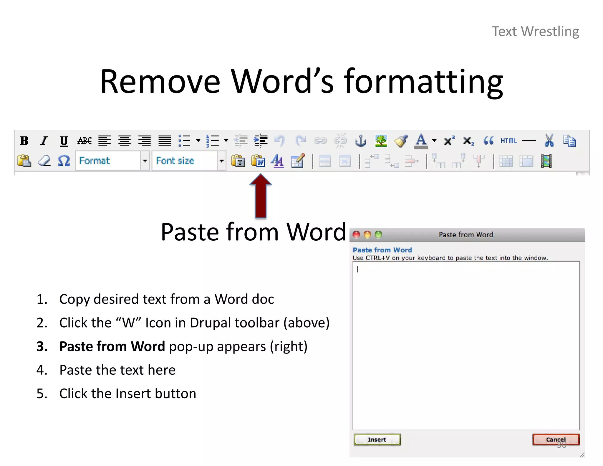 Text Wrestling


          Remove Word’s formatting


                    Paste from Word

1. Copy desired text from a Word doc
2. Click the “W” Icon in Drupal toolbar (above)
3. Paste from Word pop-up appears (right)
4. Paste the text here
5. Click the Insert button


                                                            30
 
