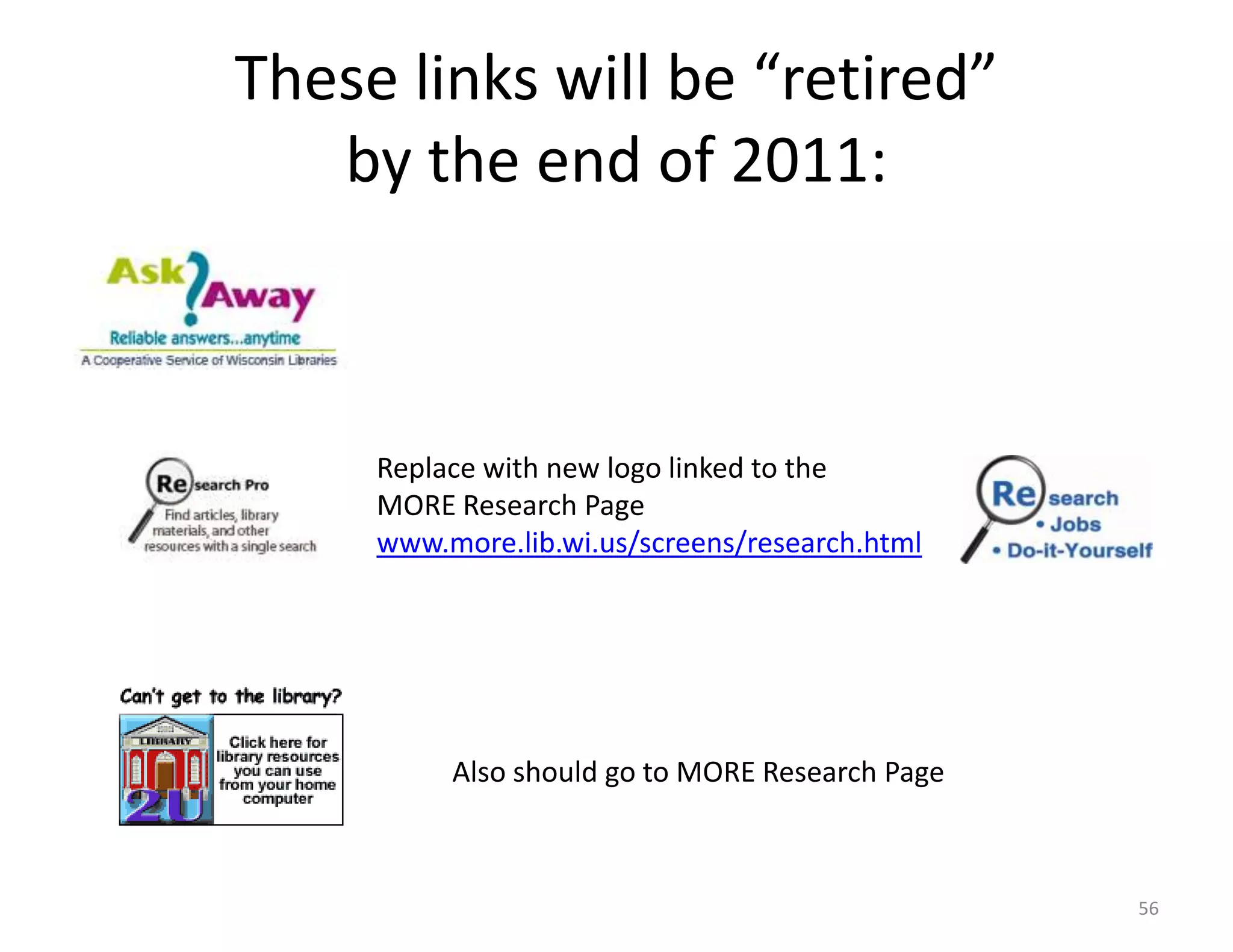 These links will be “retired”
   by the end of 2011:



     Replace with new logo linked to the
     MORE Research Page
     www.more.lib.wi.us/screens/research.html




          Also should go to MORE Research Page



                                                 56
 