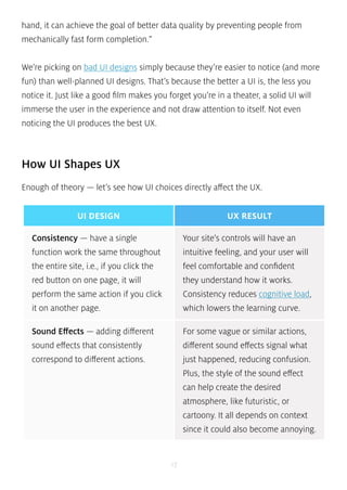 hand, it can achieve the goal of better data quality by preventing people from 
mechanically fast form completion.” 
We’re picking on bad UI designs simply because they’re easier to notice (and more 
fun) than well-planned UI designs. That’s because the better a UI is, the less you 
notice it. Just like a good film makes you forget you’re in a theater, a solid UI will 
immerse the user in the experience and not draw attention to itself. Not even 
noticing the UI produces the best UX. 
How UI Shapes UX 
Enough of theory — let’s see how UI choices directly affect the UX. 
UI DESIGN UX RESULT 
17 
Consistency — have a single 
function work the same throughout 
the entire site, i.e., if you click the 
red button on one page, it will 
perform the same action if you click 
it on another page. 
Your site’s controls will have an 
intuitive feeling, and your user will 
feel comfortable and confident 
they understand how it works. 
Consistency reduces cognitive load, 
which lowers the learning curve. 
Sound Effects — adding different 
sound effects that consistently 
correspond to different actions. 
For some vague or similar actions, 
different sound effects signal what 
just happened, reducing confusion. 
Plus, the style of the sound effect 
can help create the desired 
atmosphere, like futuristic, or 
cartoony. It all depends on context 
since it could also become annoying. 
 