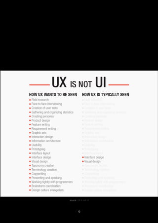 The web user experience (UX) is the abstract feeling people get from using 
a website. The user interface (UI) is what people interact with as part of that 
experience. 
When designing a website, you want your UX to be as positive as possible — you 
want your users to enjoy being on your website, that’s kind of the whole point. But 
you can’t just say “let’s improve our site’s UX” any more than a business can say 
“let’s make more money.” It’s the strategies you use to create your UX, namely the 
UI, that can enhance (or weaken) it. 
source: UX is not UI 
9 
 