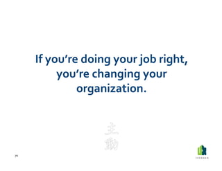 If	
  you’re	
  doing	
  your	
  job	
  right,	
  
                 you’re	
  changing	
  your	
  
                     organization.	
  


                                       “Initiative”	
  


70	
  
 