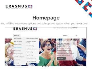 Homepage
You will find new menu options, and sub-options appear when you hover over: