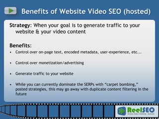 Benefits of Website Video SEO (hosted) <ul><li>Strategy : When your goal is to generate traffic to your website & your vid...