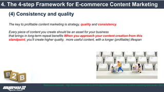4. The 4-step Framework for E-commerce Content Marketing
Reference materials : http://ecommerceinsiders.com/4-step-framework-ecommerce-content-marketing-that-works-1931/
The key to profitable content marketing is strategy, quality and consistency.
Every piece of content you create should be an asset for your business
that brings in long-term repeat benefits When you approach your content creation from this
standpoint, you’ll create higher quality, more useful content, with a longer (profitable) lifespan
(4) Consistency and quality
 
