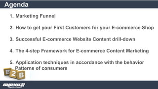 1. Marketing Funnel
2. How to get your First Customers for your E-commerce Shop
3. Successful E-commerce Website Content drill-down
4. The 4-step Framework for E-commerce Content Marketing
5. Application techniques in accordance with the behavior
Patterns of consumers
Agenda
 