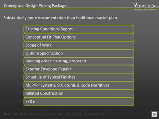 16
Conceptual Design Pricing Package
N o r t h A m e r i c a ’ s C o n s t r u c t i o n E c o n o m i s t
Substantially more documentation than traditional master plan
Existing Conditions Report
Conceptual Fit Plan Options
Scope of Work
Outline Specification
Building Areas: existing, proposed
Exterior Envelope Repairs
Schedule of Typical Finishes
MEP/FP Systems, Structural, & Code Narratives
Related Construction
FF&E
Wellesley Campus Renewal
 