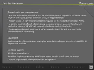 17
Detailed Narratives
Approximate space requirement
- At steam main service entrance a 20’ x 14’ mechanical room is required to house the steam
prv, heat exchangers, pumps, expansion tanks, and appurtenances.
- At each wing a 14’ x 24’ mechanical room is required for the residential ventilation AHU’s.
- In general proximity of each kitchen, dining room, and program space, air handling unit
mechanical rooms of 14’ x 28’ will be required to house the individual units.
- Grease exhaust fans will require an 8’ x 8’ room preferably at the attic space or can be
located exterior to the building.
Equipment
-Preliminary size of instantaneous heating hot water heat exchanger to produce 2400 MBH @
50 psi steam pressure.
Electrical System
Additional scope of work
-Provide a single approximately 500 KVA pad mount exterior transformer for Munger.
- Provide single interior 75KW generator for Munger Hall.
B o s t o n T o r o n t o D a l l a s D e n v e r L o s A n g e l e s
Wellesley Campus Renewal
 