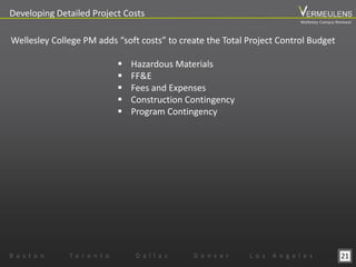 21
Developing Detailed Project Costs
Wellesley College PM adds “soft costs” to create the Total Project Control Budget
 Hazardous Materials
 FF&E
 Fees and Expenses
 Construction Contingency
 Program Contingency
B o s t o n T o r o n t o D a l l a s D e n v e r L o s A n g e l e s
Wellesley Campus Renewal
 