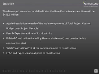 26
Escalation
The developed escalation model indicates the Base Plan actual expenditure will be
$456.1 million
 Applied escalation to each of five main components of Total Project Control
Budget over Project lifecycle
 Fees & Expenses at time of Architect hire
 Related Construction (including Hazmat abatement) one quarter before
construction start
 Total Construction Cost at the commencement of construction
 FF&E and Expenses at mid-point of construction
N o r t h A m e r i c a ’ s C o n s t r u c t i o n E c o n o m i s t
Wellesley Campus Renewal
 