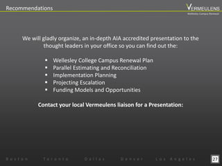 27
Recommendations
We will gladly organize, an in-depth AIA accredited presentation to the
thought leaders in your office so you can find out the:
Contact your local Vermeulens liaison for a Presentation:
 Wellesley College Campus Renewal Plan
 Parallel Estimating and Reconciliation
 Implementation Planning
 Projecting Escalation
 Funding Models and Opportunities
B o s t o n T o r o n t o D a l l a s D e n v e r L o s A n g e l e s
Wellesley Campus Renewal
 