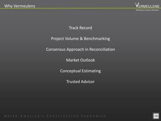 28
Why Vermeulens
Track Record
Project Volume & Benchmarking
Consensus Approach in Reconciliation
Market Outlook
Conceptual Estimating
Trusted Advisor
N o r t h A m e r i c a ’ s C o n s t r u c t i o n E c o n o m i s t
Wellesley Campus Renewal
 