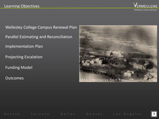 3
Learning Objectives
B o s t o n T o r o n t o D a l l a s D e n v e r L o s A n g e l e s
Wellesley College Campus Renewal Plan
Parallel Estimating and Reconciliation
Implementation Plan
Projecting Escalation
Funding Model
Outcomes 1 9 2 1 – W e l l e s l e y f r o m t h e a i r
Wellesley Campus Renewal
 