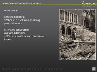 8
2007 Comprehensive Facilities Plan
N o r t h A m e r i c a ’ s C o n s t r u c t i o n E c o n o m i s t
Observations:
Renewal backlog of
$216/sf vs $78/sf average among
peer institutions
Estimated construction
cost of $370 million
- 60% infrastructure and mechanical
issues
1 9 6 4 – S t o n e - D a v i s R e c o n s t r u c t i o n
Wellesley Campus Renewal
 