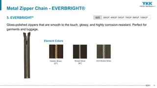 19
5. EVERBRIGHT® SIZE 3MGP, 4MGP, 5RGP, 7MGP, 8MGP, 10MGP
Metal Zipper Chain - EVERBRIGHT®
Gloss-polished zippers that are smooth to the touch, glossy, and highly corrosion-resistant. Perfect for
garments and luggage.
Nickel Silver
[N*]
Anti-Nickel Silver
Golden Brass
[G*]
Element Colors
 