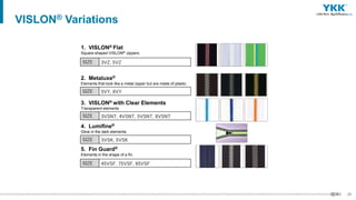 25
VISLON® Variations
SIZE 3VZ, 5VZ
1. VISLON® Flat
Square-shaped VISLON® zippers.
SIZE 5VY, 8VY
2. Metaluxe®
Elements that look like a metal zipper but are made of plastic.
SIZE 3VSNT, 4VSNT, 5VSNT, 8VSNT
3. VISLON® with Clear Elements
Transparent elements
SIZE 3VSK, 5VSK
4. Lumifine®
Glow in the dark elements.
SIZE 45VSF, 75VSF, 95VSF
5. Fin Guard®
Elements in the shape of a fin.
 