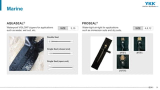 38
Marine
AQUASEAL® PROSEAL®
Waterproof VISLON® zippers for applications
such as wader, wet suit, etc.
Water-tight air-tight for applications
such as immersion suits and dry suits.
Double Seal
Single Seal (closed end)
Single Seal (open end)
[4TZ*] [8TZ*]
[12TZ*]
SIZE 5,10 SIZE 4,8,12
 