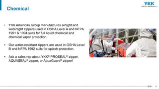 53
• YKK Americas Group manufactures airtight and
watertight zippers used in OSHA Level A and NFPA
1991 & 1994 suits for full liquid chemical and
chemical vapor protection.
• Our water-resistant zippers are used in OSHA Level
B and NFPA 1992 suits for splash protection.
• Ask a sales rep about YKK® PROSEAL® zipper,
AQUASEAL® zipper, or AquaGuard® zipper!
Chemical
 