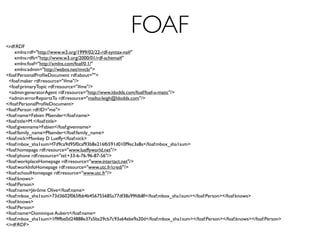 FOAF
<rdf:RDF
    xmlns:rdf="http://www.w3.org/1999/02/22-rdf-syntax-ns#"
    xmlns:rdfs="http://www.w3.org/2000/01/rdf-schema#"
    xmlns:foaf="http://xmlns.com/foaf/0.1/"
    xmlns:admin="http://webns.net/mvcb/">
<foaf:PersonalProﬁleDocument rdf:about="">
 <foaf:maker rdf:resource="#me"/>
 <foaf:primaryTopic rdf:resource="#me"/>
 <admin:generatorAgent rdf:resource="http://www.ldodds.com/foaf/foaf-a-matic"/>
 <admin:errorReportsTo rdf:resource="mailto:leigh@ldodds.com"/>
</foaf:PersonalProﬁleDocument>
<foaf:Person rdf:ID="me">
<foaf:name>Fabien Pfaender</foaf:name>
<foaf:title>M.</foaf:title>
<foaf:givenname>Fabien</foaf:givenname>
<foaf:family_name>Pfaender</foaf:family_name>
<foaf:nick>Monkey D Lueffy</foaf:nick>
<foaf:mbox_sha1sum>f7d9ca9d95f0caf93b8e216fb591d010f9ec3a8a</foaf:mbox_sha1sum>
<foaf:homepage rdf:resource="www.lueffyworld.net"/>
<foaf:phone rdf:resource="tel:+33-6-76-96-87-56"/>
<foaf:workplaceHomepage rdf:resource="www.intertact.net"/>
<foaf:workInfoHomepage rdf:resource="www.utc.fr/cred/"/>
<foaf:schoolHomepage rdf:resource="www.utc.fr"/>
<foaf:knows>
<foaf:Person>
<foaf:name>Jérôme Olive</foaf:name>
<foaf:mbox_sha1sum>73d3602f065fbb4b456755685a77df38a99fdb8f</foaf:mbox_sha1sum></foaf:Person></foaf:knows>
<foaf:knows>
<foaf:Person>
<foaf:name>Dominique Aubert</foaf:name>
<foaf:mbox_sha1sum>1f9ffbe0d24888e37a5ba29cb7c93a64ebe9a20d</foaf:mbox_sha1sum></foaf:Person></foaf:knows></foaf:Person>
</rdf:RDF>
 