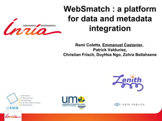 1

WebSmatch : a platform
 for data and metadata
       integration
      Remi Coletta, Emmanuel Castanier,
                Patrick Valduriez,
Christian Frisch, DuyHoa Ngo, Zohra Bellahsene
 