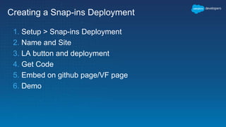 Creating a Snap-ins Deployment
1. Setup > Snap-ins Deployment
2. Name and Site
3. LA button and deployment
4. Get Code
5. Embed on github page/VF page
6. Demo
 