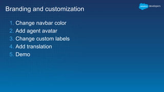 Branding and customization
1. Change navbar color
2. Add agent avatar
3. Change custom labels
4. Add translation
5. Demo
 