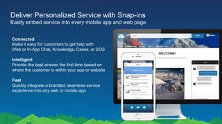 Deliver Personalized Service with Snap-ins
Easily embed service into every mobile app and web page
Connected
Make it easy for customers to get help with
Web or In-App Chat, Knowledge, Cases, or SOS
Intelligent
Provide the best answer the first time based on
where the customer is within your app or website
Fast
Quickly integrate a branded, seamless service
experience into any web or mobile app
 