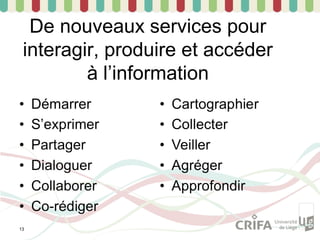 De nouveaux services pour
 interagir, produire et accéder
         à l’information




13
 